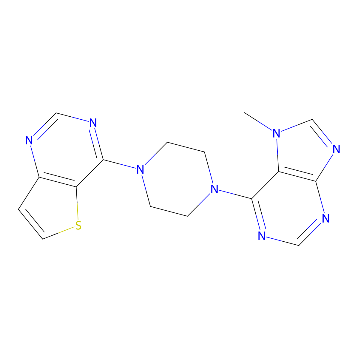 7-methyl-6-(4-{thieno[3,2-d]pyrimidin-4-yl}piperazin-1-yl)-7H-purine molecular structure, CAS 2549042-37-5