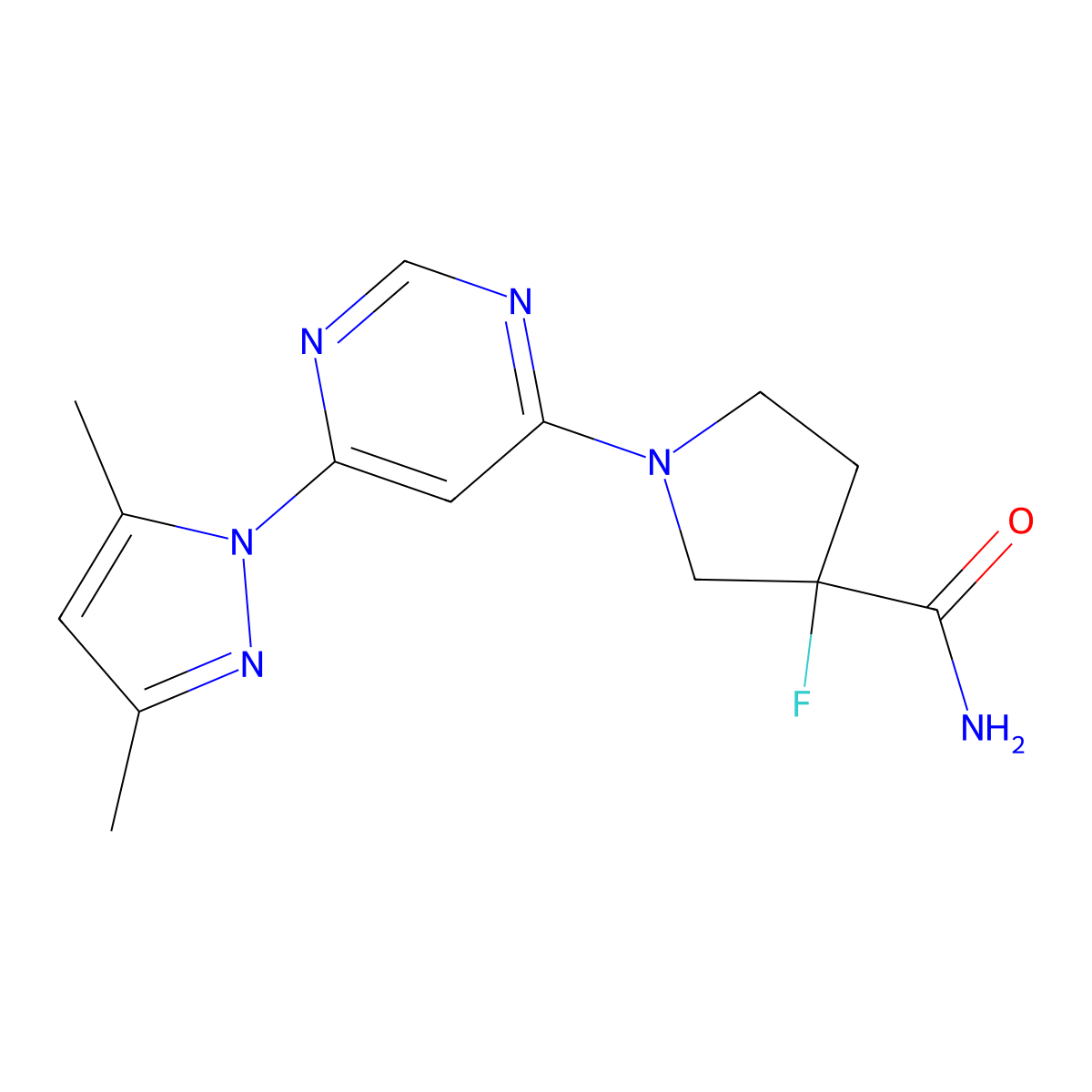 1-[6-(3,5-dimethyl-1H-pyrazol-1-yl)pyrimidin-4-yl]-3-fluoropyrrolidine-3-carboxamide molecular structure, CAS 2549042-38-6
