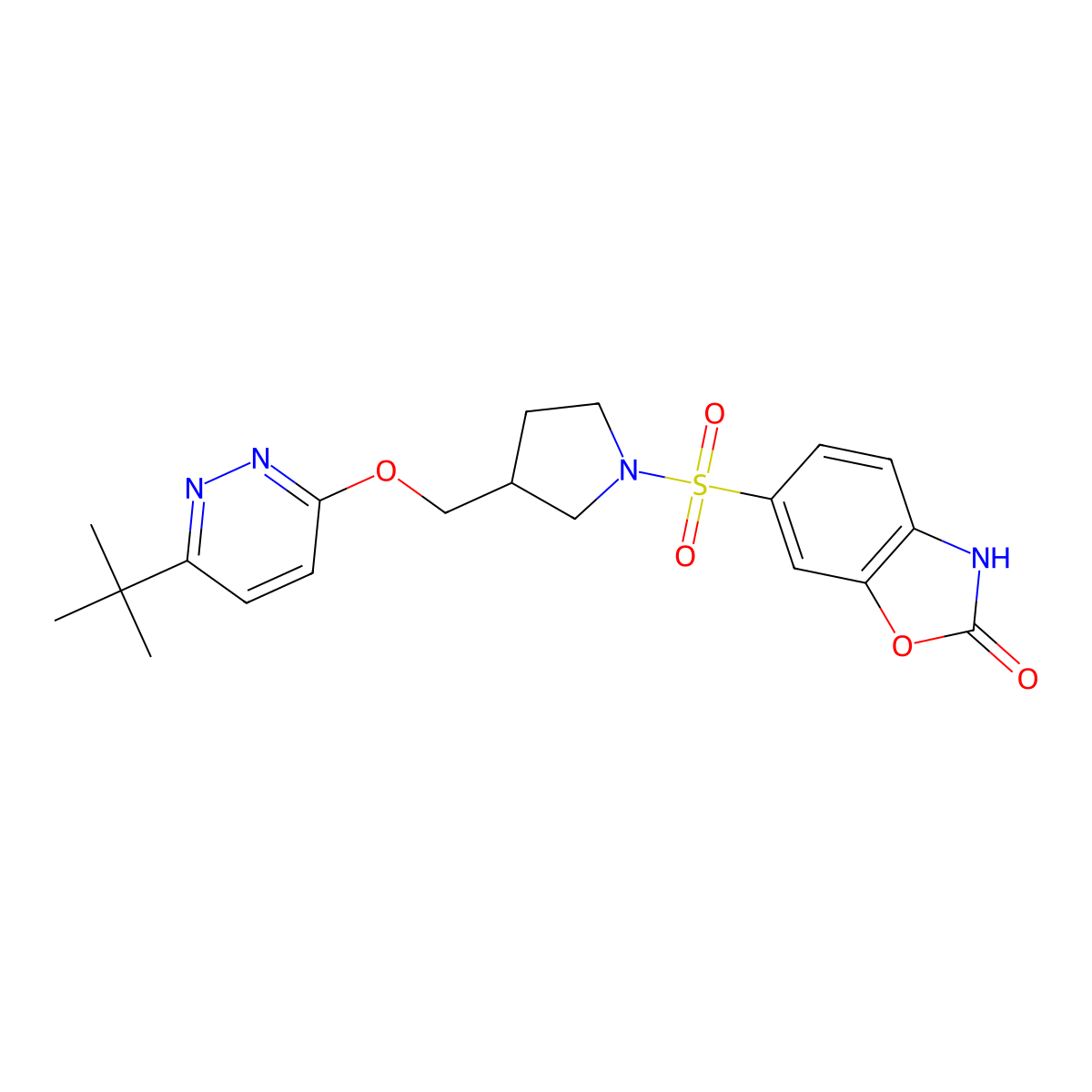 6-[(3-{[(6-Tert-butylpyridazin-3-yl)oxy]methyl}pyrrolidin-1-yl)sulfonyl]-2,3-dihydro-1,3-benzoxazol-2-one molecular structure, CAS 2549042-43-3
