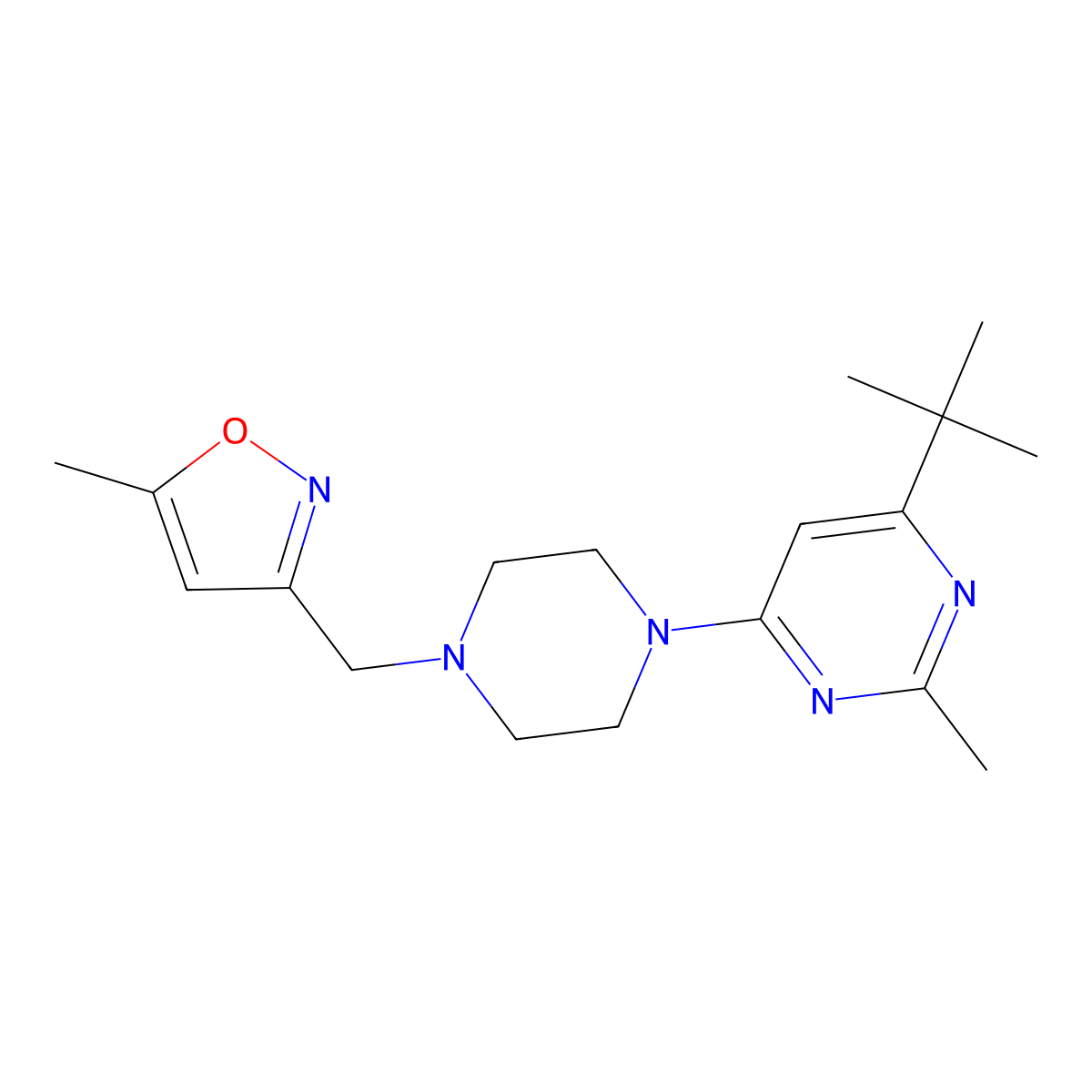 4-Tert-butyl-2-methyl-6-{4-[(5-methyl-1,2-oxazol-3-yl)methyl]piperazin-1-yl}pyrimidine molecular structure, CAS 2549042-47-7