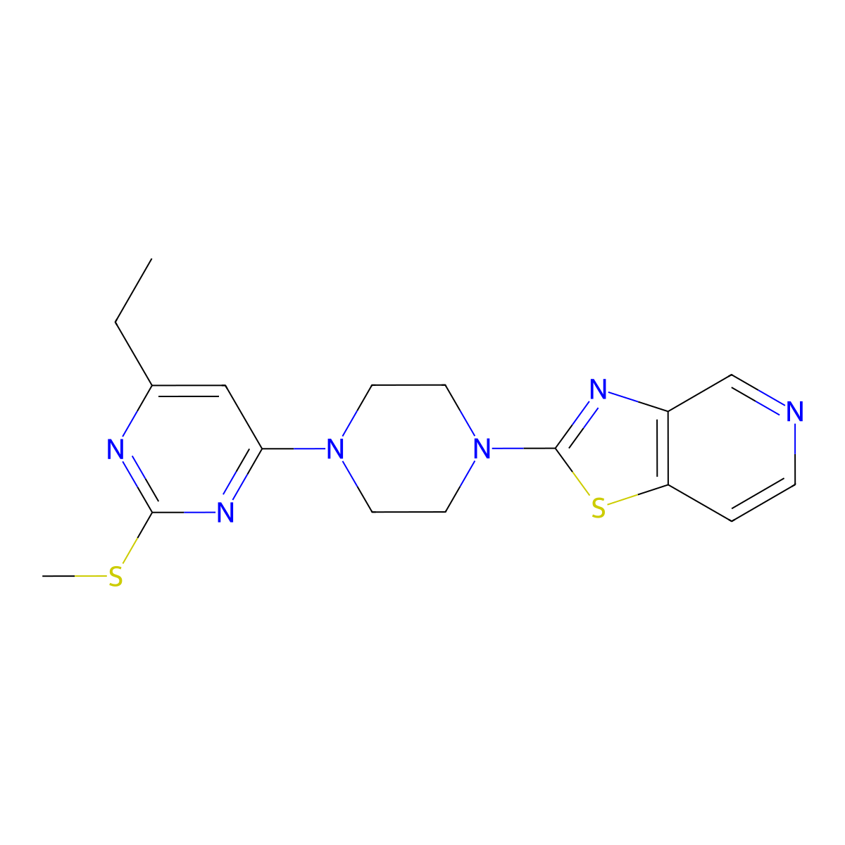 4-Ethyl-2-(methylsulfanyl)-6-(4-{[1,3]thiazolo[4,5-c]pyridin-2-yl}piperazin-1-yl)pyrimidine molecular structure, CAS 2549042-48-8