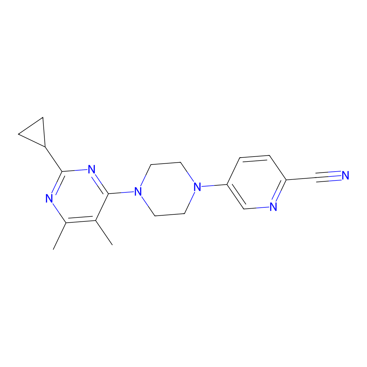 5-[4-(2-Cyclopropyl-5,6-dimethylpyrimidin-4-yl)piperazin-1-yl]pyridine-2-carbonitrile molecular structure, CAS 2549042-50-2
