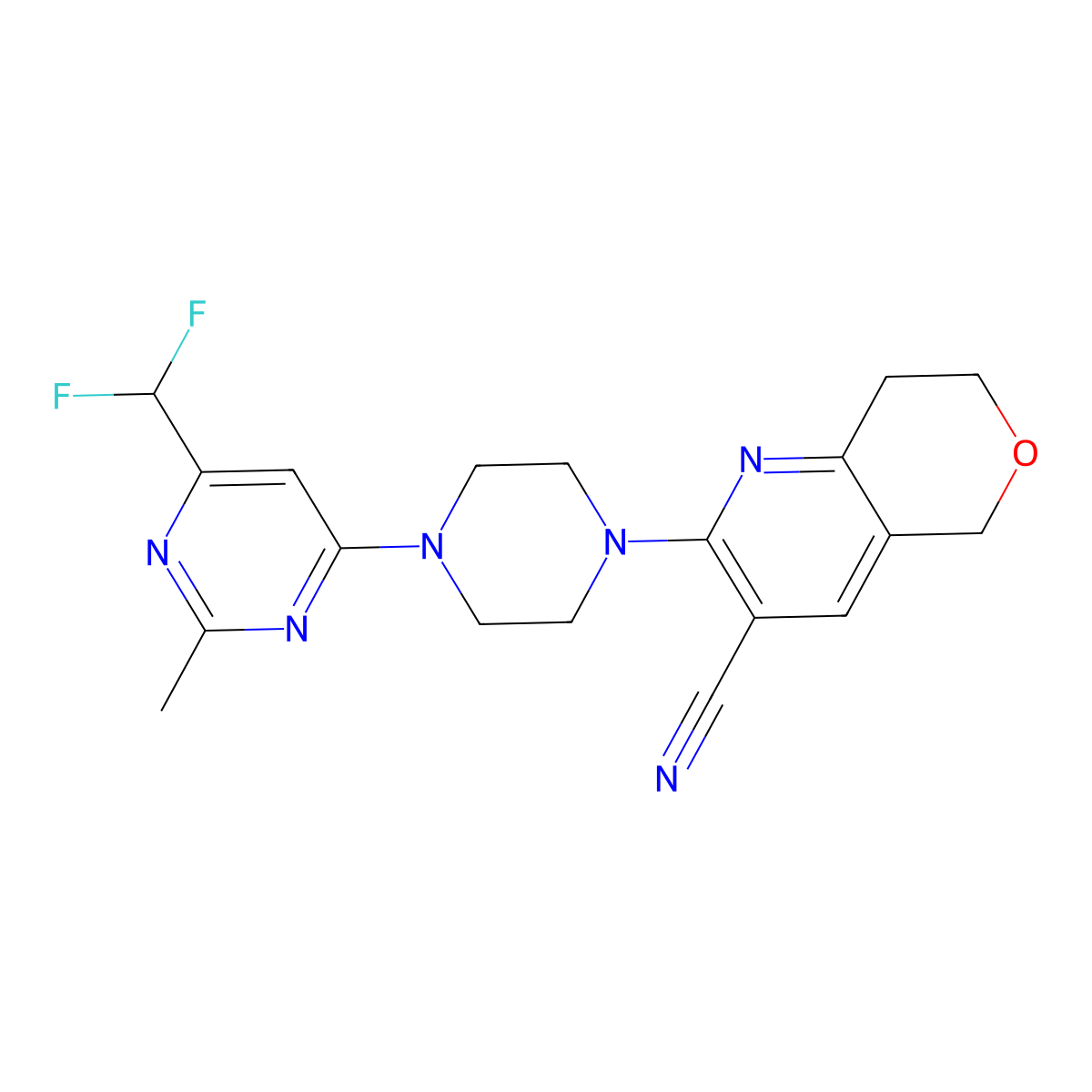 2-{4-[6-(difluoromethyl)-2-methylpyrimidin-4-yl]piperazin-1-yl}-5H,7H,8H-pyrano[4,3-b]pyridine-3-carbonitrile molecular structure, CAS 2549042-53-5