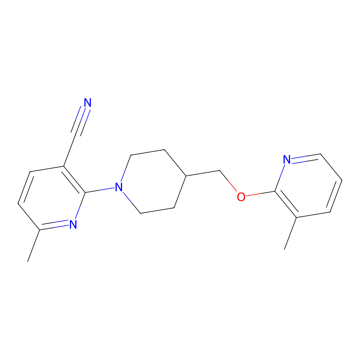 6-Methyl-2-(4-{[(3-methylpyridin-2-yl)oxy]methyl}piperidin-1-yl)pyridine-3-carbonitrile molecular structure, CAS 2549042-62-6