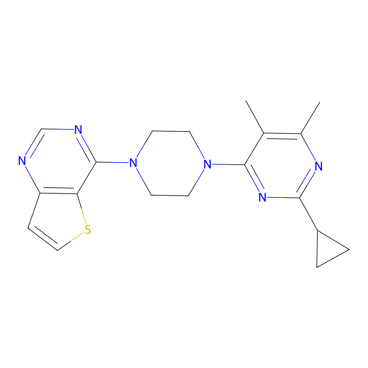 2-Cyclopropyl-4,5-dimethyl-6-(4-{thieno[3,2-d]pyrimidin-4-yl}piperazin-1-yl)pyrimidine molecular structure, CAS 2549042-74-0
