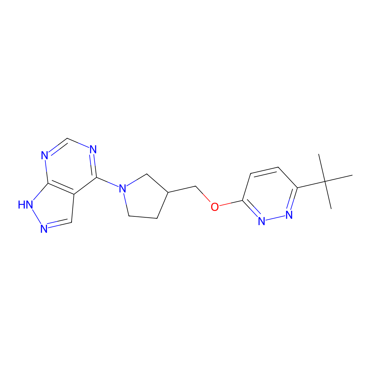 3-tert-butyl-6-[(1-{1H-pyrazolo[3,4-d]pyrimidin-4-yl}pyrrolidin-3-yl)methoxy]pyridazine molecular structure, CAS 2549042-77-3