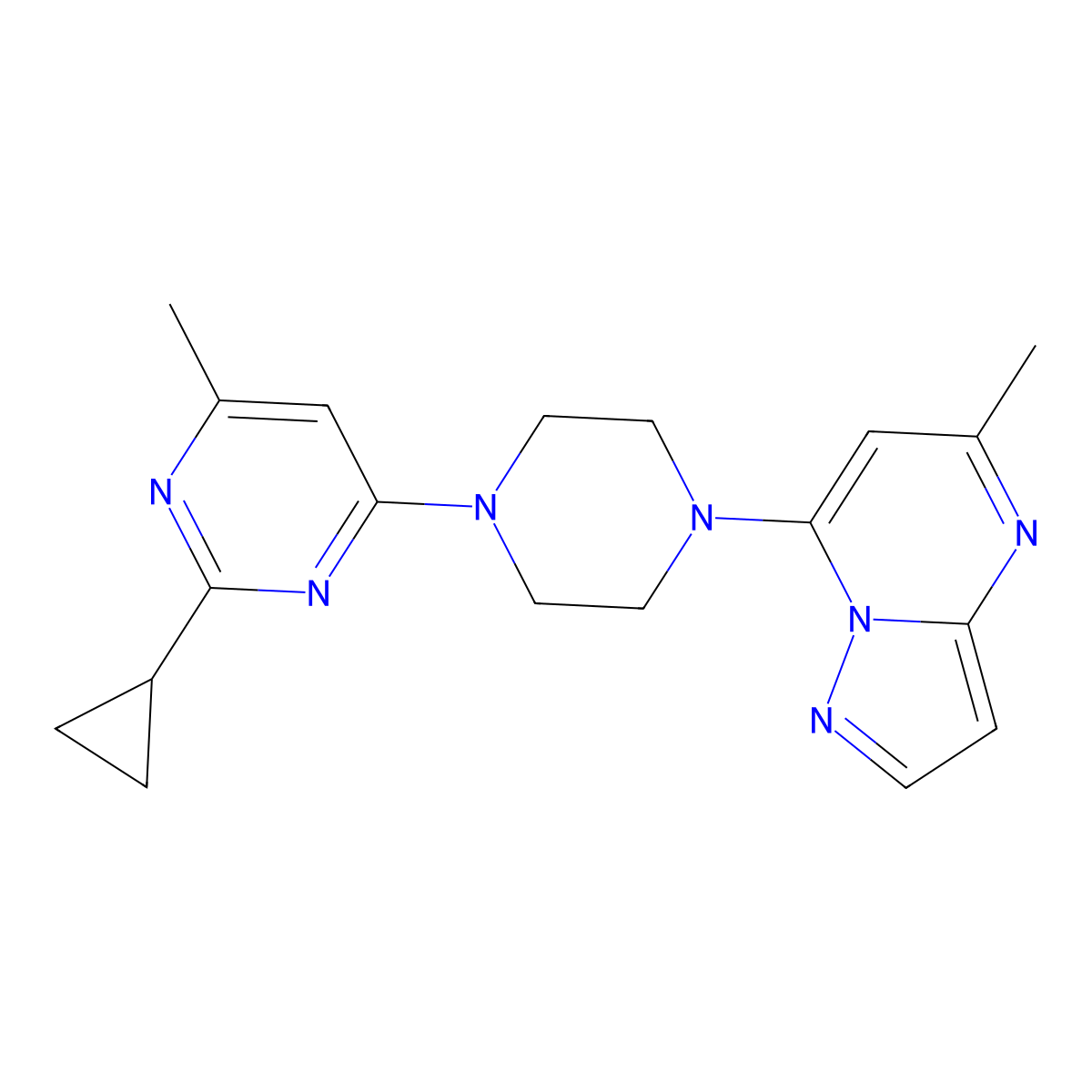 2-Cyclopropyl-4-methyl-6-(4-{5-methylpyrazolo[1,5-a]pyrimidin-7-yl}piperazin-1-yl)pyrimidine molecular structure, CAS 2549042-79-5