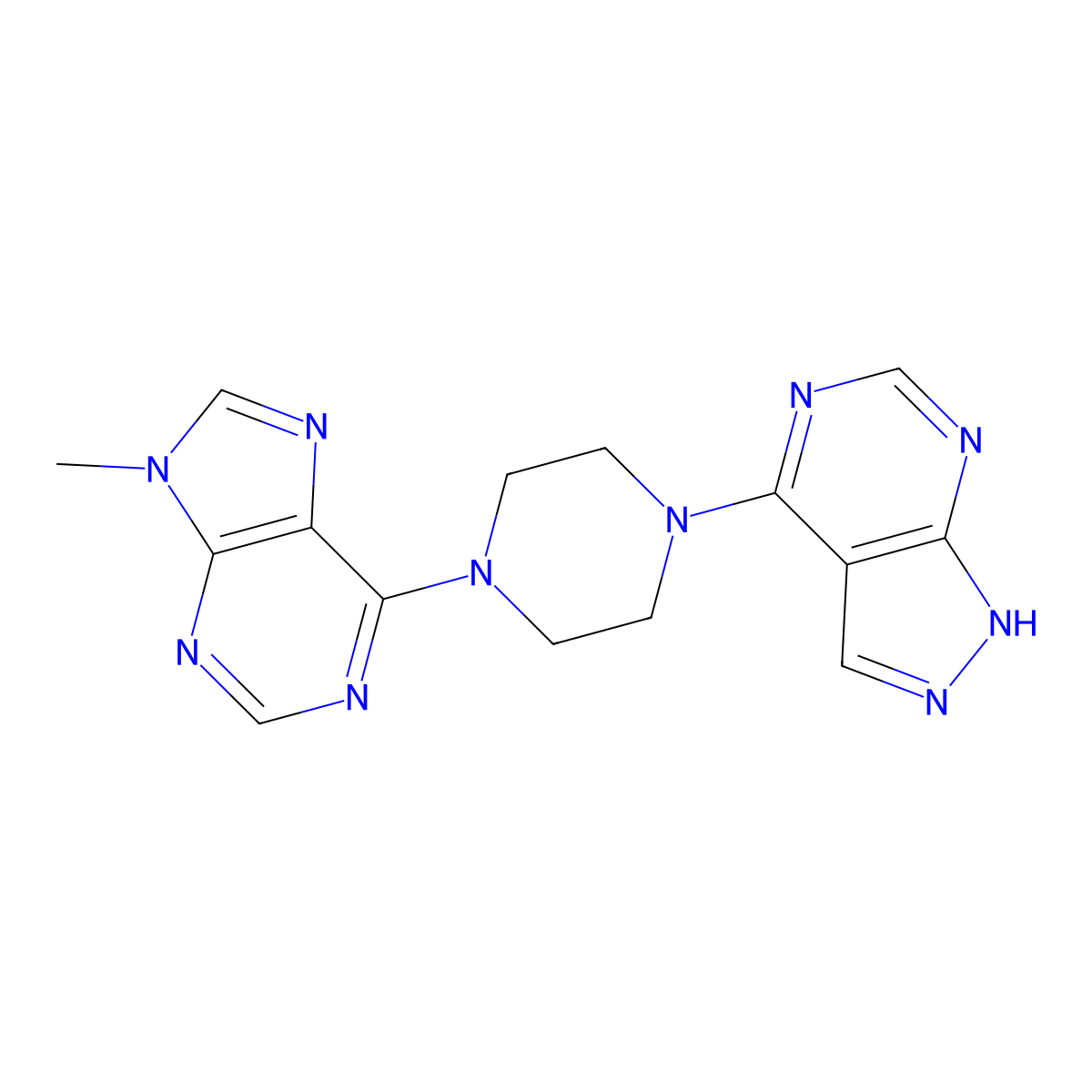 9-methyl-6-(4-{1H-pyrazolo[3,4-d]pyrimidin-4-yl}piperazin-1-yl)-9H-purine molecular structure, CAS 2549042-82-0