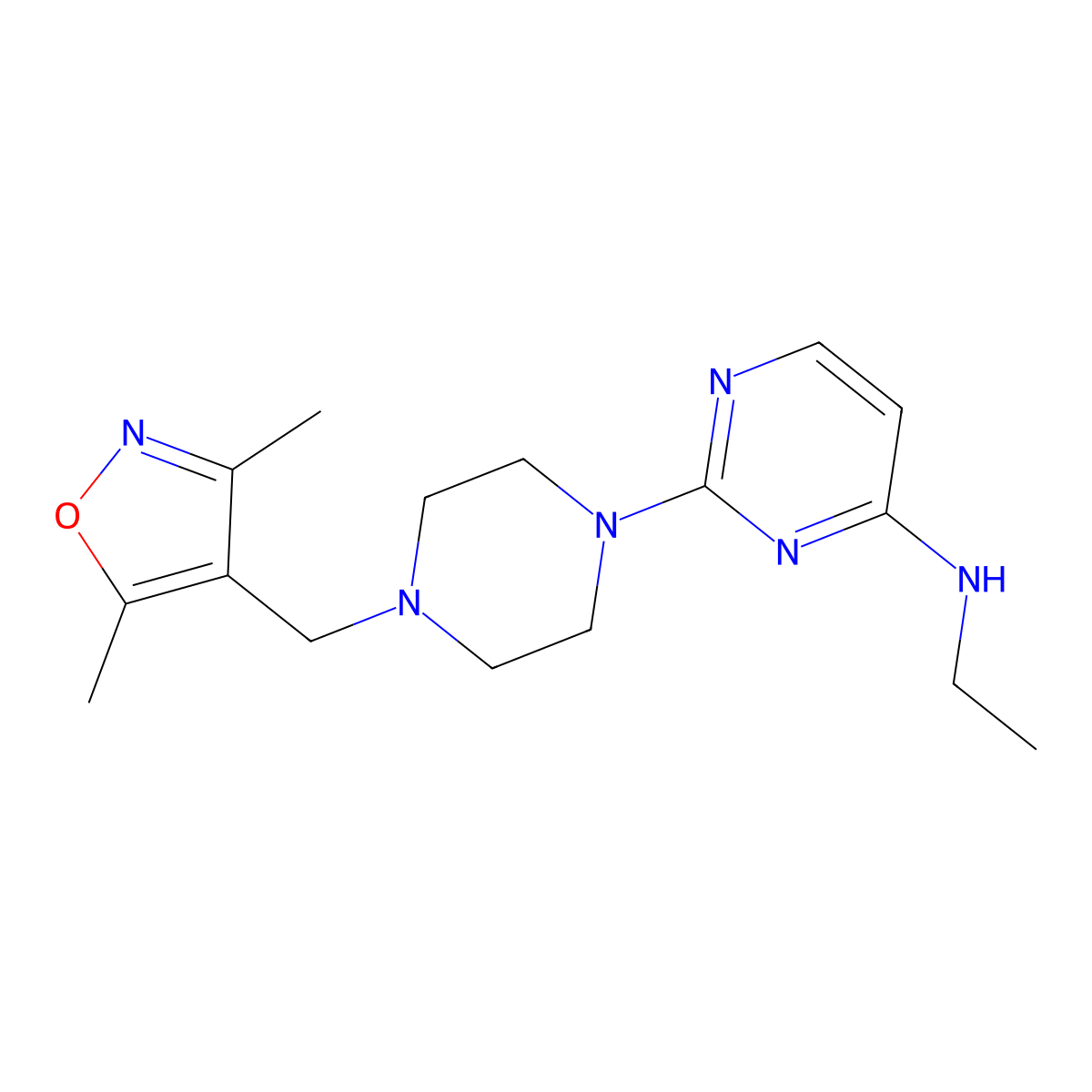 2-{4-[(3,5-dimethyl-1,2-oxazol-4-yl)methyl]piperazin-1-yl}-N-ethylpyrimidin-4-amine molecular structure, CAS 2549042-84-2