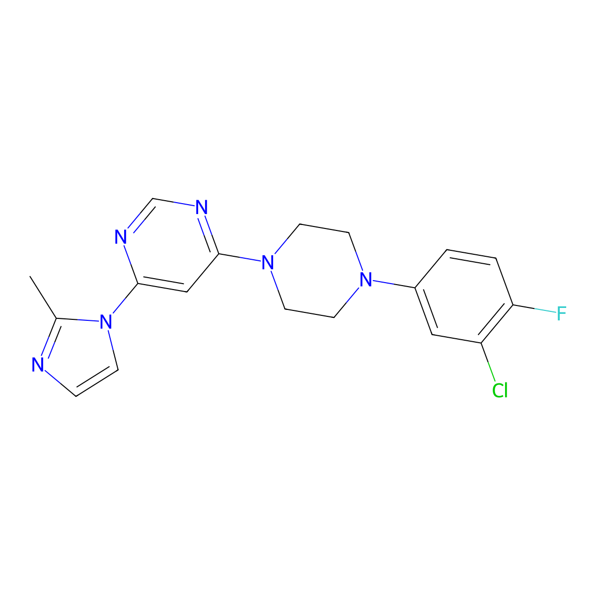 4-[4-(3-chloro-4-fluorophenyl)piperazin-1-yl]-6-(2-methyl-1H-imidazol-1-yl)pyrimidine molecular structure, CAS 2549042-93-3