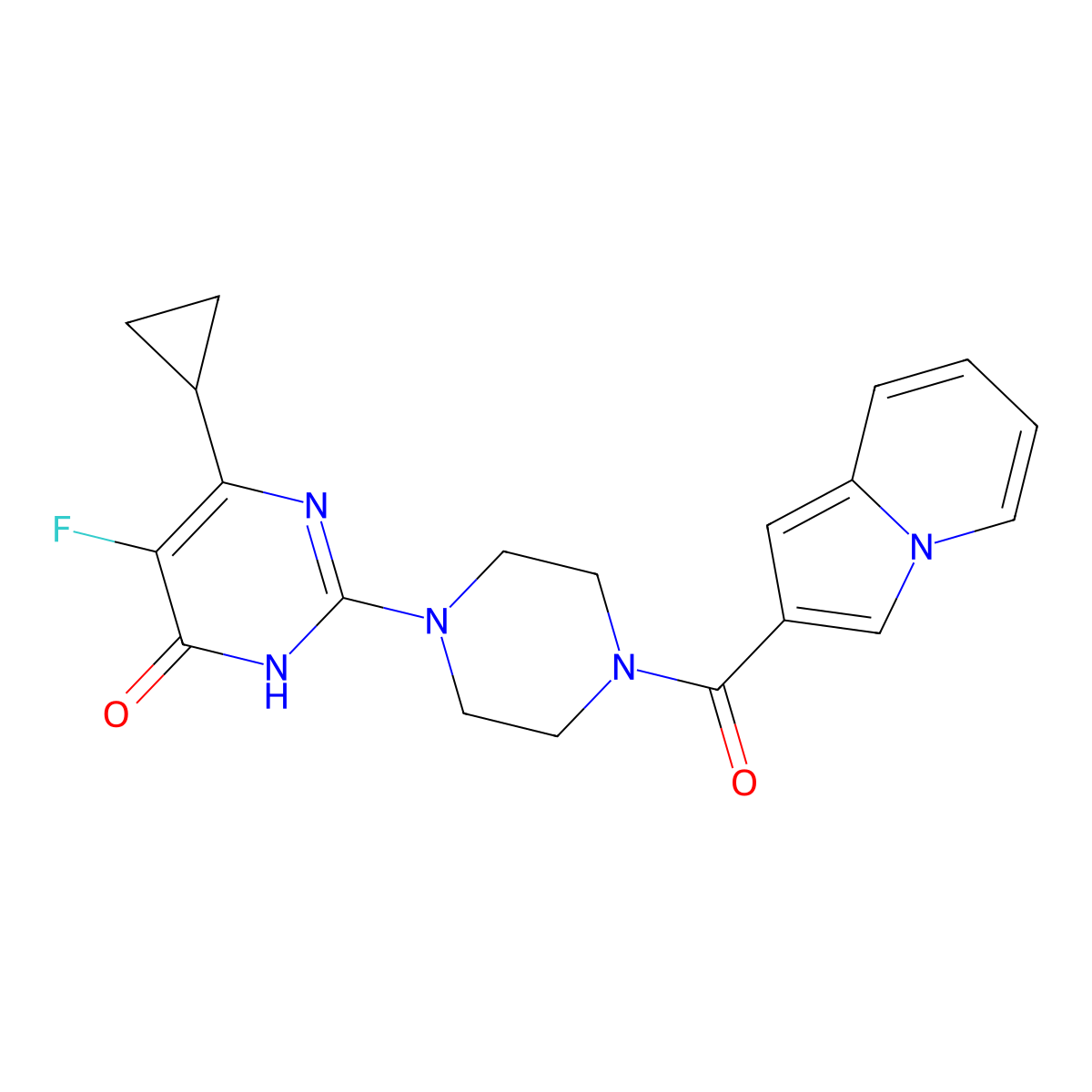 6-Cyclopropyl-5-fluoro-2-[4-(indolizine-2-carbonyl)piperazin-1-yl]-3,4-dihydropyrimidin-4-one molecular structure, CAS 2549043-02-7