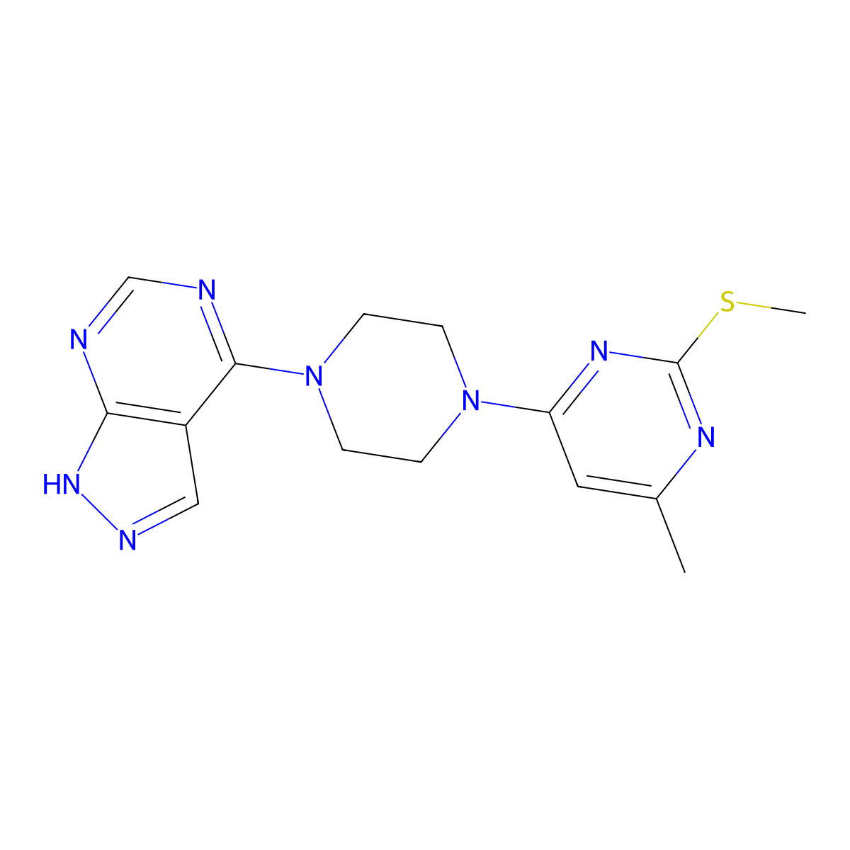 4-methyl-2-(methylsulfanyl)-6-(4-{1H-pyrazolo[3,4-d]pyrimidin-4-yl}piperazin-1-yl)pyrimidine molecular structure, CAS 2549043-07-2
