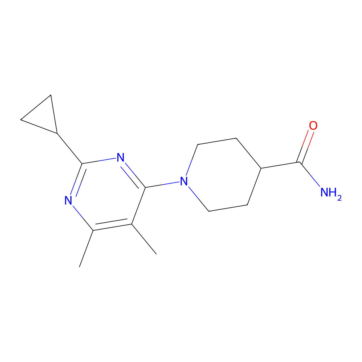 1-(2-Cyclopropyl-5,6-dimethylpyrimidin-4-yl)piperidine-4-carboxamide molecular structure, CAS 2549043-13-0