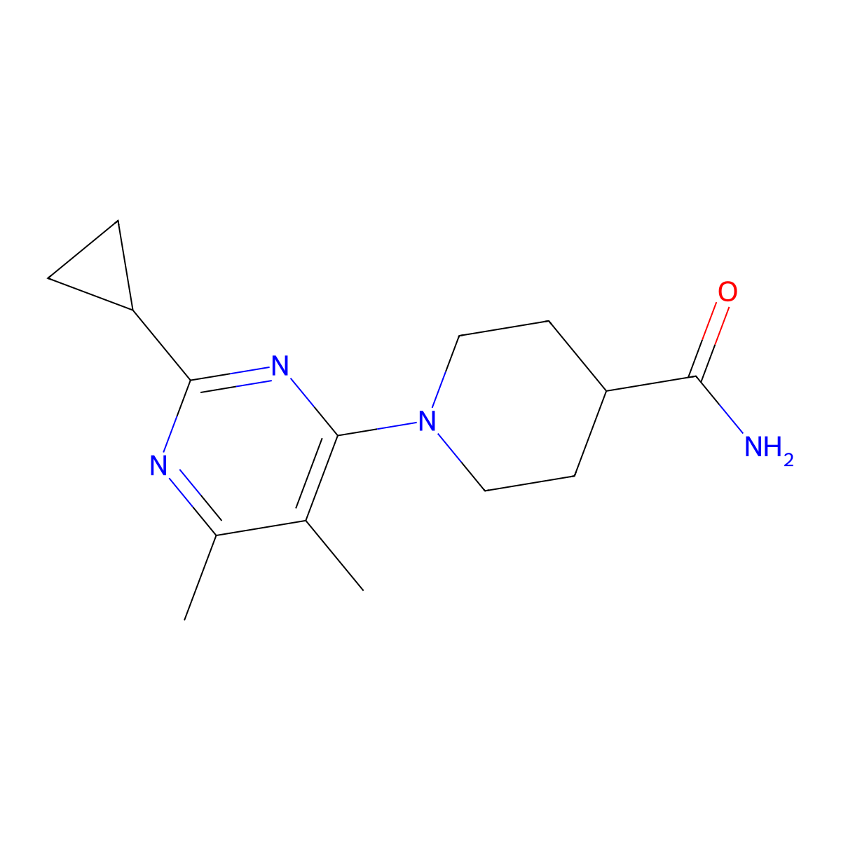 1-(2-Cyclopropyl-5,6-dimethylpyrimidin-4-yl)piperidine-4-carboxamide molecular structure, CAS 2549043-13-0