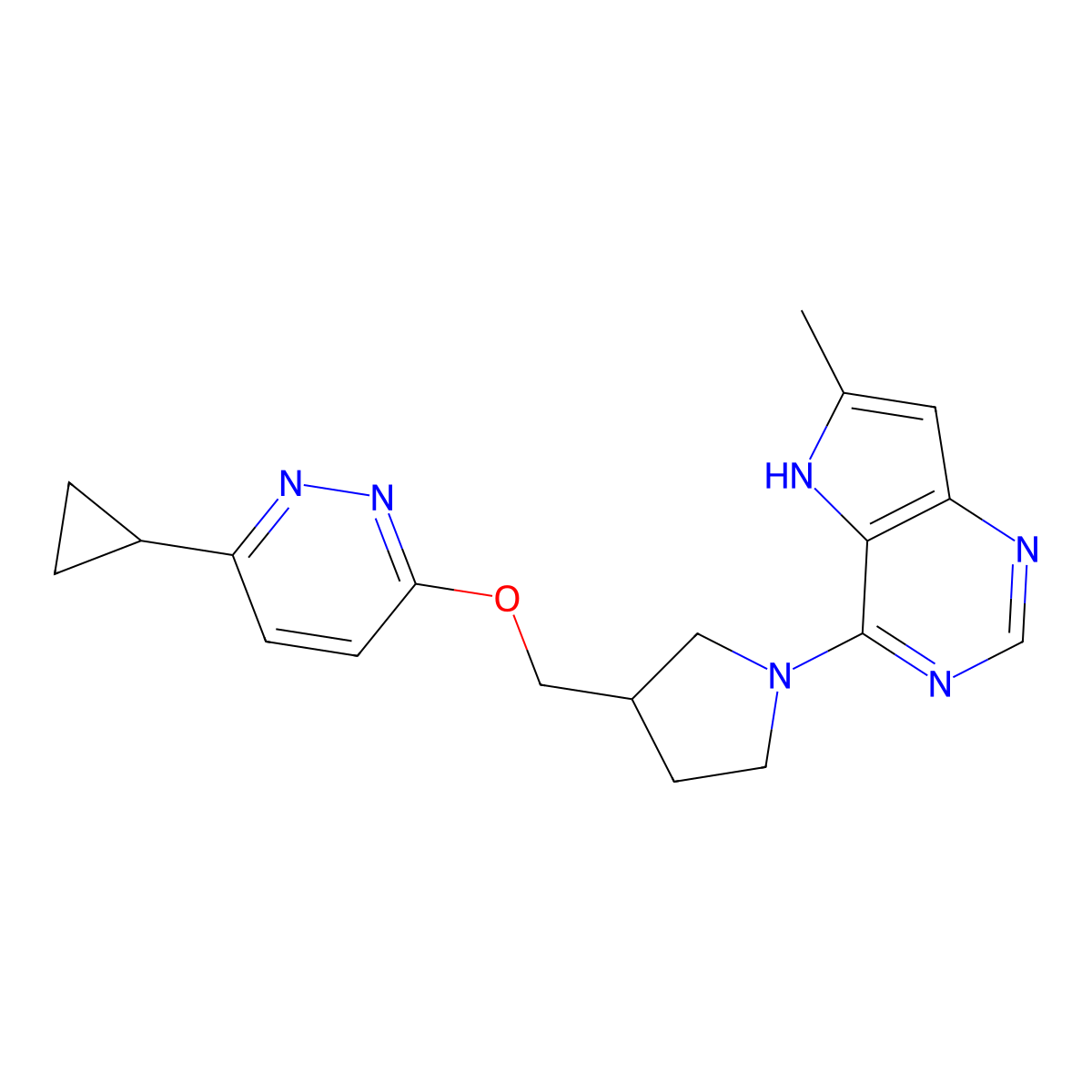 3-cyclopropyl-6-[(1-{6-methyl-5H-pyrrolo[3,2-d]pyrimidin-4-yl}pyrrolidin-3-yl)methoxy]pyridazine molecular structure, CAS 2549043-19-6