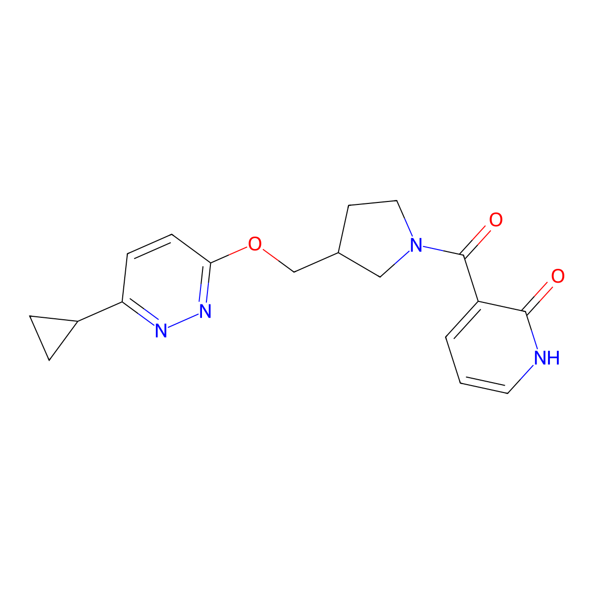 3-(3-{[(6-Cyclopropylpyridazin-3-yl)oxy]methyl}pyrrolidine-1-carbonyl)-1,2-dihydropyridin-2-one molecular structure, CAS 2549043-34-5