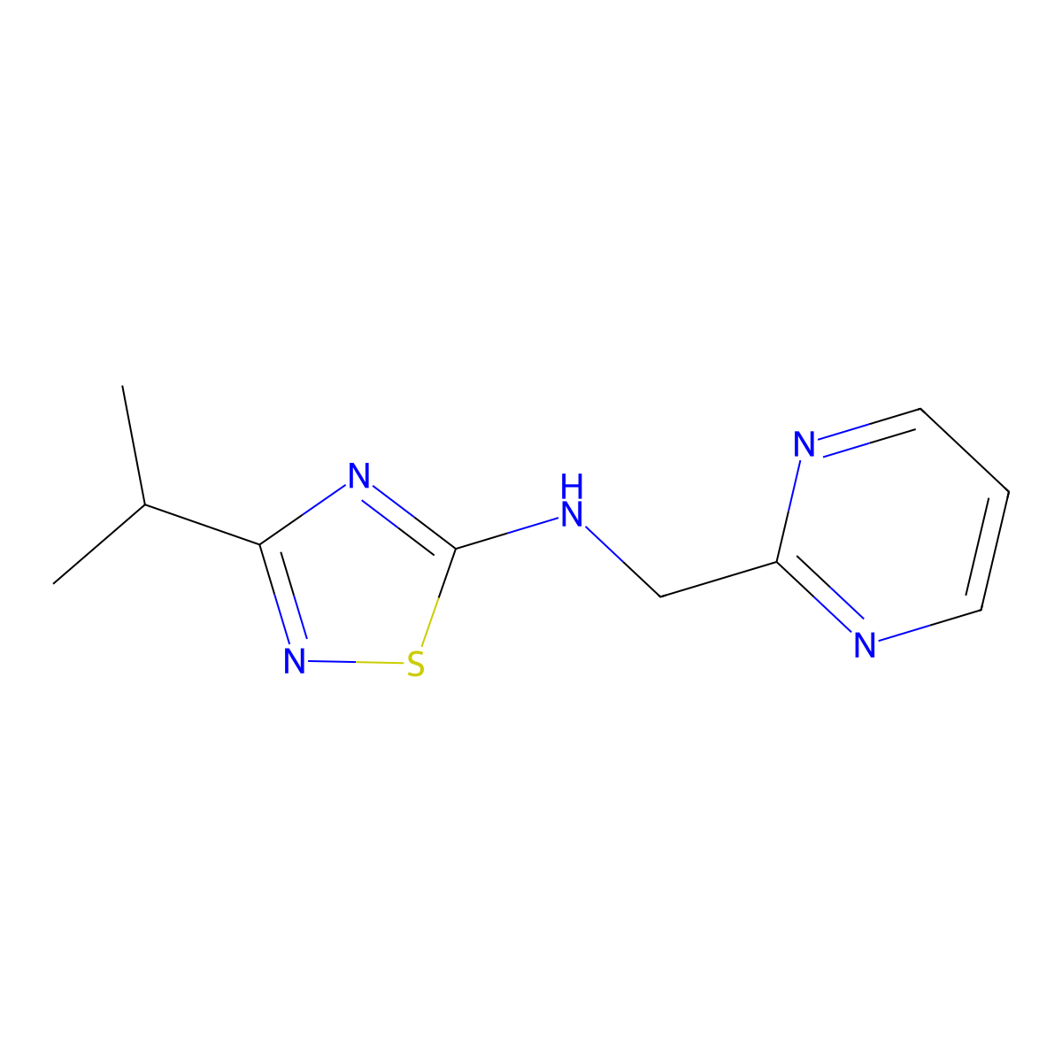 3-(propan-2-yl)-N-[(pyrimidin-2-yl)methyl]-1,2,4-thiadiazol-5-amine molecular structure, CAS 2549043-38-9