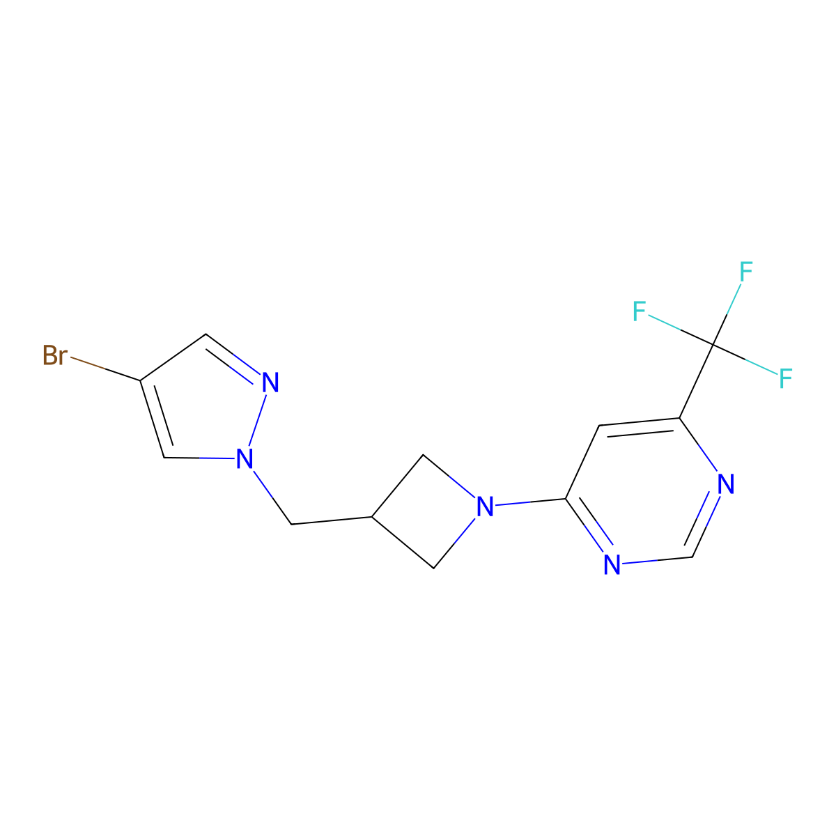 4-{3-[(4-bromo-1H-pyrazol-1-yl)methyl]azetidin-1-yl}-6-(trifluoromethyl)pyrimidine molecular structure, CAS 2549043-40-3