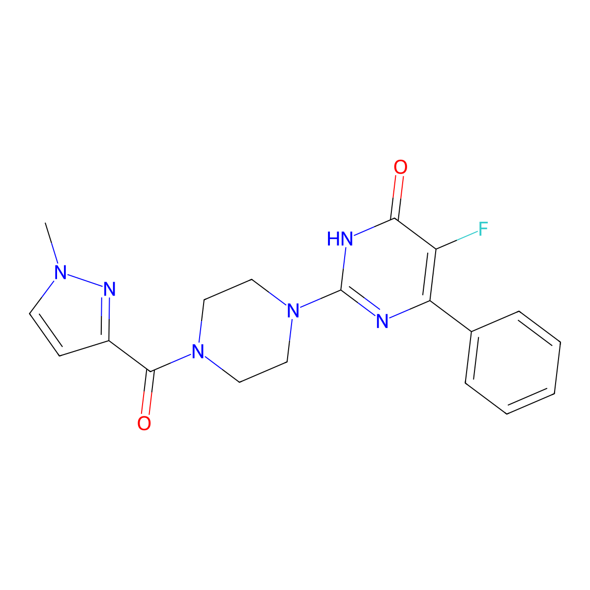 5-fluoro-2-[4-(1-methyl-1H-pyrazole-3-carbonyl)piperazin-1-yl]-6-phenyl-3,4-dihydropyrimidin-4-one molecular structure, CAS 2549043-41-4