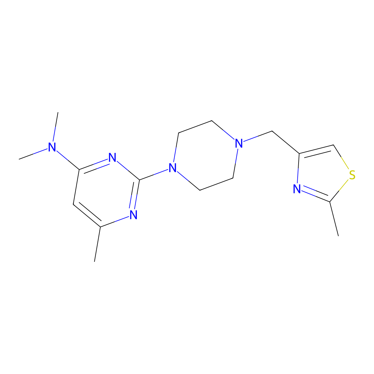 N,N,6-trimethyl-2-{4-[(2-methyl-1,3-thiazol-4-yl)methyl]piperazin-1-yl}pyrimidin-4-amine molecular structure, CAS 2549043-43-6