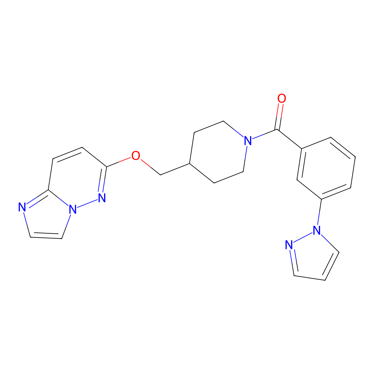 4-({imidazo[1,2-b]pyridazin-6-yloxy}methyl)-1-[3-(1H-pyrazol-1-yl)benzoyl]piperidine molecular structure, CAS 2549043-44-7
