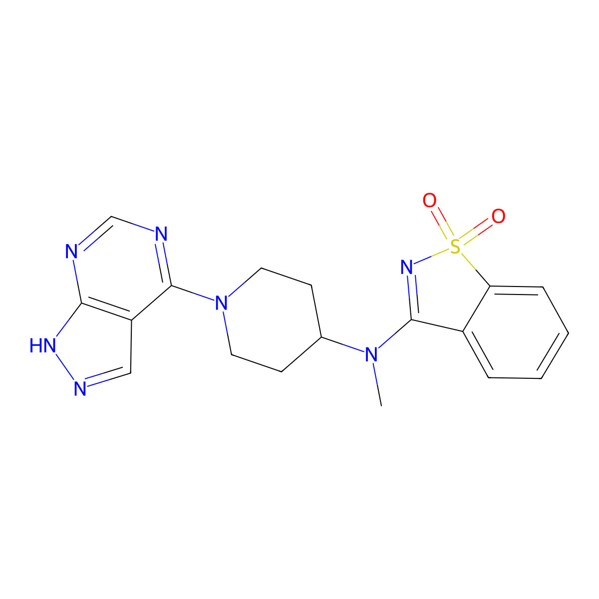 N-methyl-1,1-dioxo-N-[1-(1H-pyrazolo[5,4-d]pyrimidin-4-yl)piperidin-4-yl]-1,2-benzothiazol-3-amine molecular structure, CAS 2549043-49-2