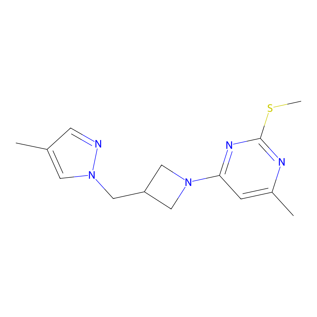 4-methyl-6-{3-[(4-methyl-1H-pyrazol-1-yl)methyl]azetidin-1-yl}-2-(methylsulfanyl)pyrimidine molecular structure, CAS 2549043-50-5