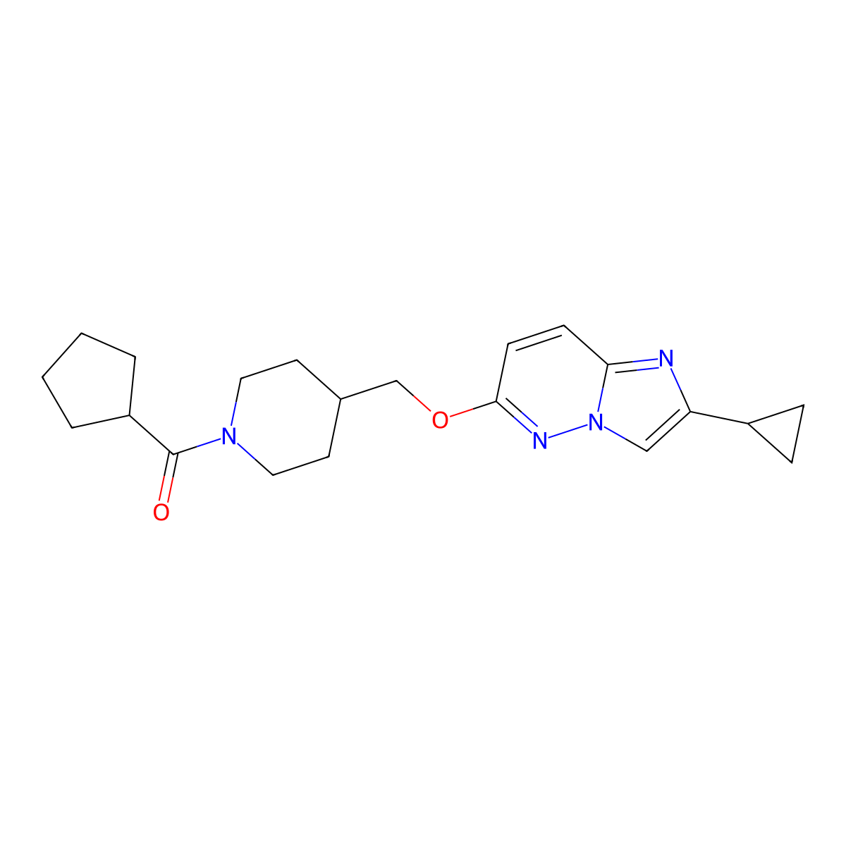 1-Cyclopentanecarbonyl-4-[({2-cyclopropylimidazo[1,2-b]pyridazin-6-yl}oxy)methyl]piperidine molecular structure, CAS 2549043-54-9