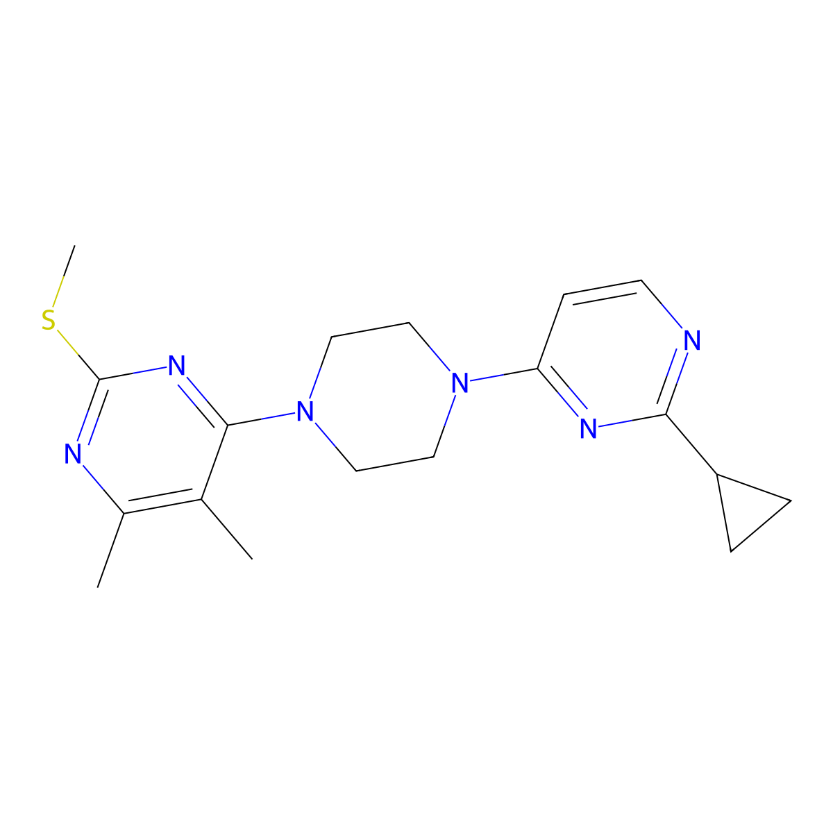 4-[4-(2-Cyclopropylpyrimidin-4-yl)piperazin-1-yl]-5,6-dimethyl-2-(methylsulfanyl)pyrimidine molecular structure, CAS 2549043-58-3