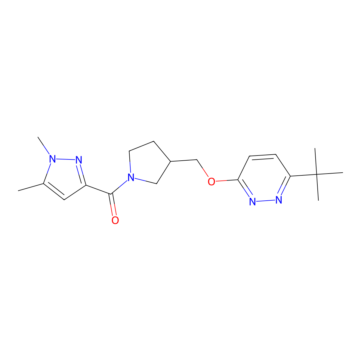 3-tert-butyl-6-{[1-(1,5-dimethyl-1H-pyrazole-3-carbonyl)pyrrolidin-3-yl]methoxy}pyridazine molecular structure, CAS 2549043-61-8