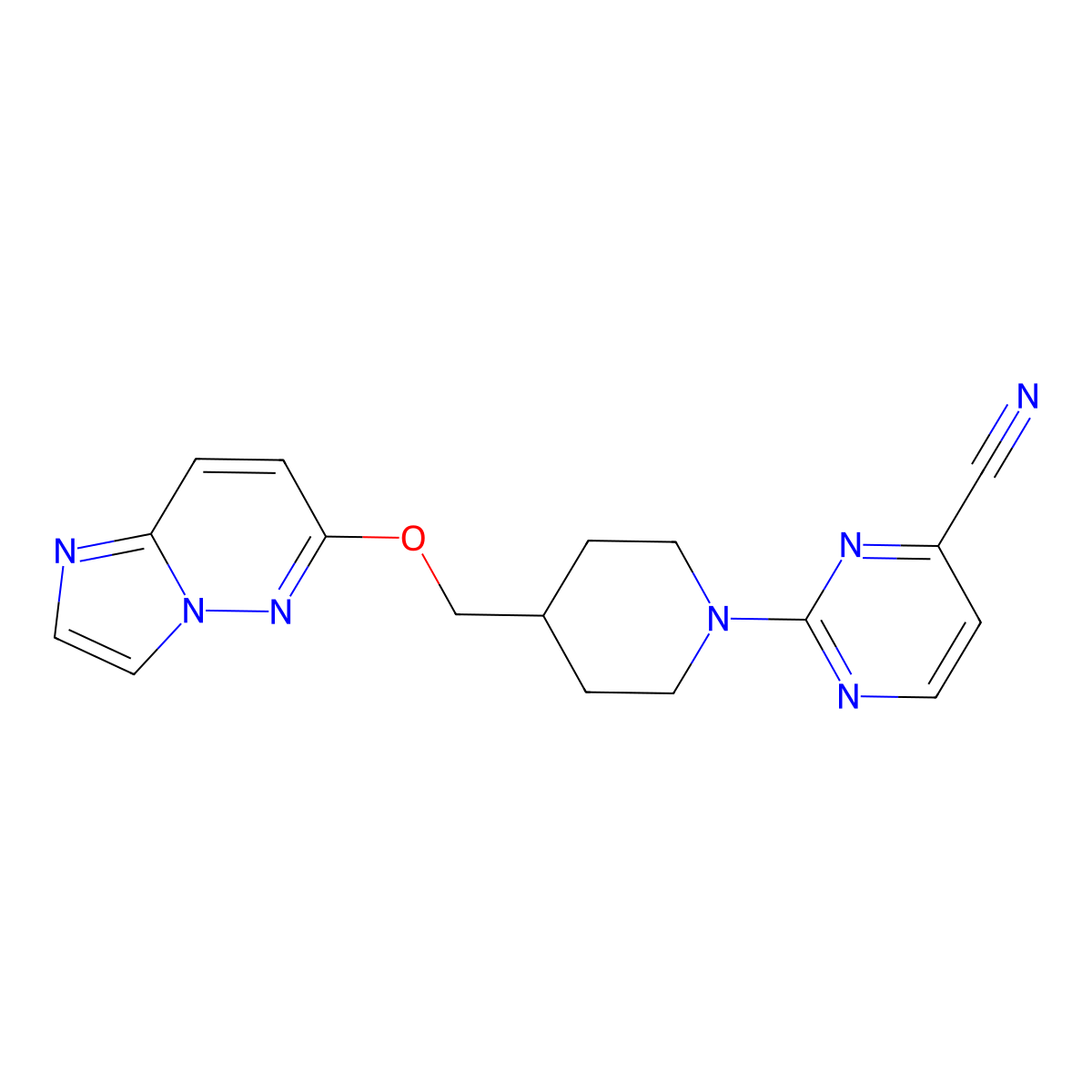 2-[4-({Imidazo[1,2-b]pyridazin-6-yloxy}methyl)piperidin-1-yl]pyrimidine-4-carbonitrile molecular structure, CAS 2549043-66-3
