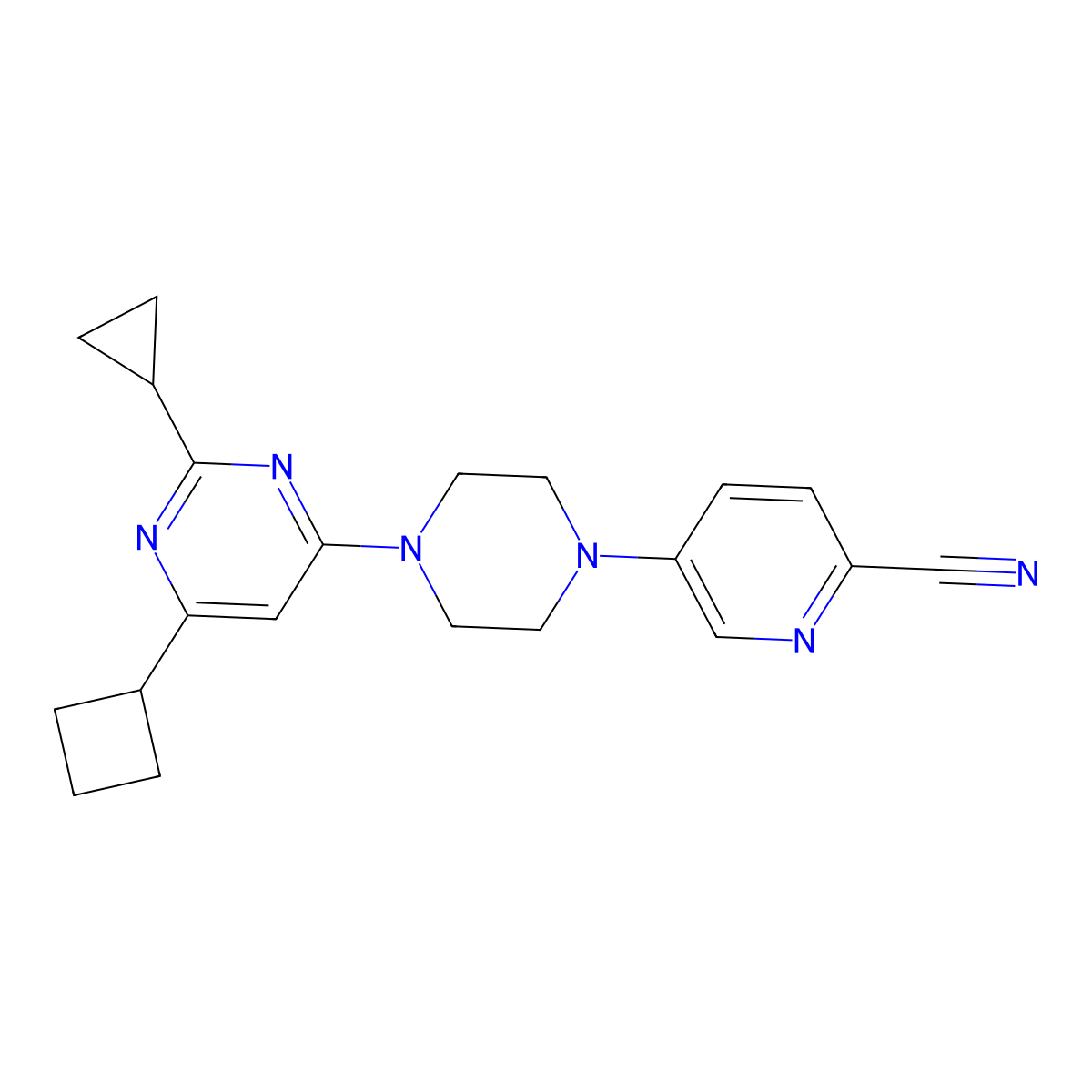 5-[4-(6-Cyclobutyl-2-cyclopropylpyrimidin-4-yl)piperazin-1-yl]pyridine-2-carbonitrile molecular structure, CAS 2549043-77-6