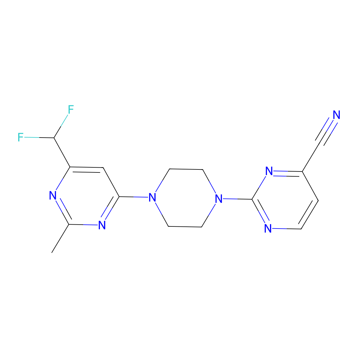 2-{4-[6-(Difluoromethyl)-2-methylpyrimidin-4-yl]piperazin-1-yl}pyrimidine-4-carbonitrile molecular structure, CAS 2549043-78-7