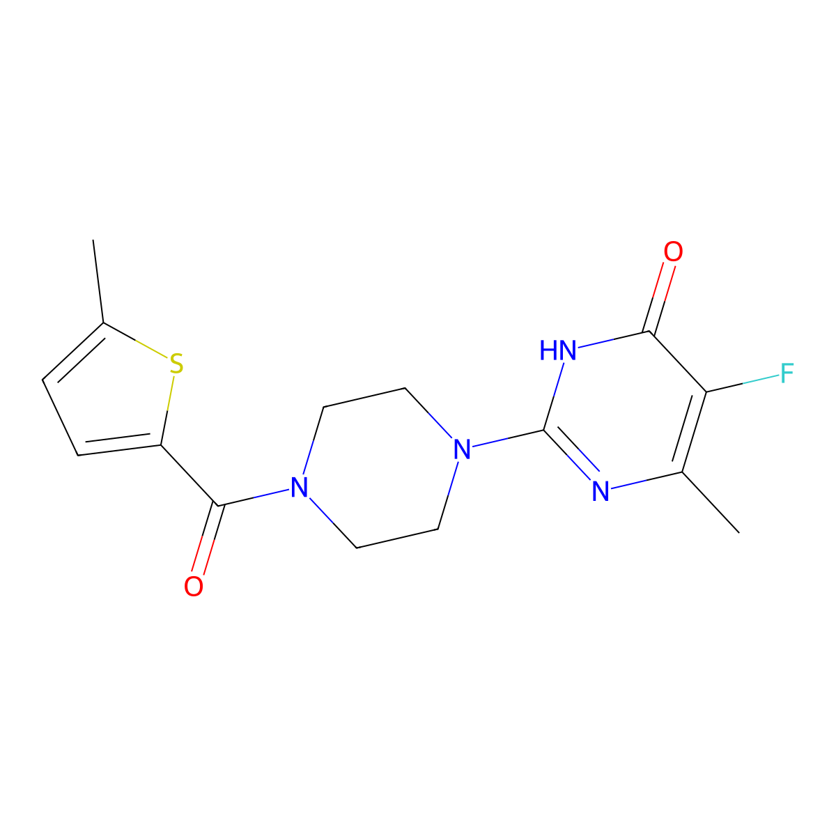 5-Fluoro-6-methyl-2-[4-(5-methylthiophene-2-carbonyl)piperazin-1-yl]-3,4-dihydropyrimidin-4-one molecular structure, CAS 2549043-84-5