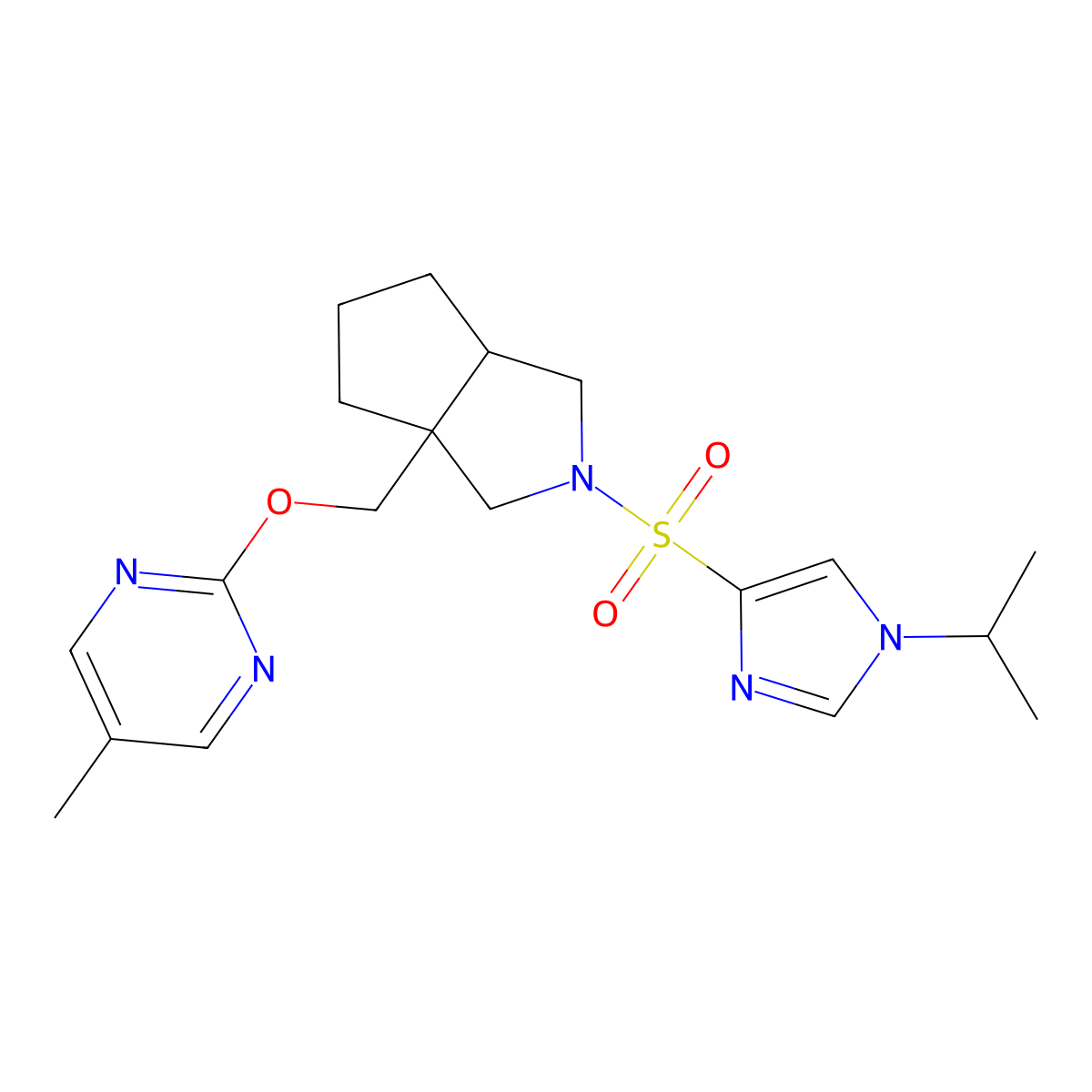 5-methyl-2-[(2-{[1-(propan-2-yl)-1H-imidazol-4-yl]sulfonyl}-octahydrocyclopenta[c]pyrrol-3a-yl)methoxy]pyrimidine molecular structure, CAS 2549043-87-8