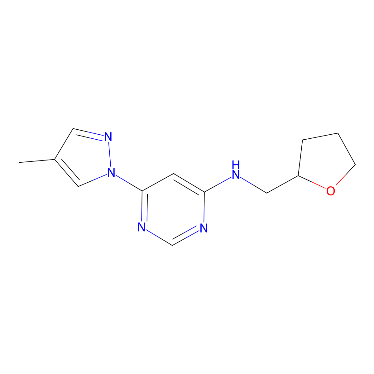 6-(4-methyl-1H-pyrazol-1-yl)-N-[(oxolan-2-yl)methyl]pyrimidin-4-amine molecular structure, CAS 2549043-91-4