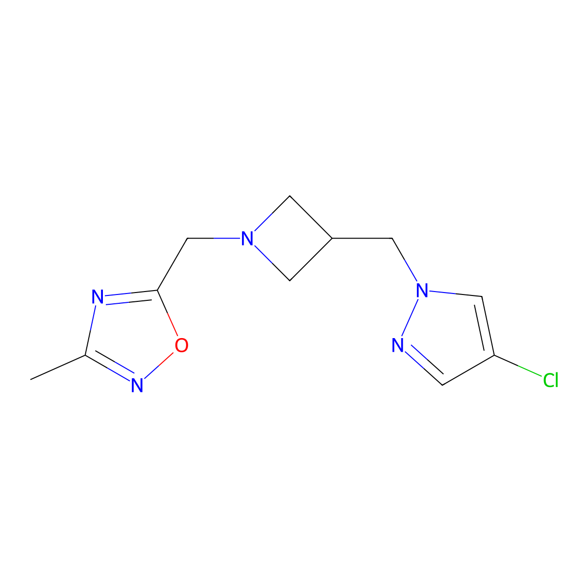 5-({3-[(4-chloro-1H-pyrazol-1-yl)methyl]azetidin-1-yl}methyl)-3-methyl-1,2,4-oxadiazole molecular structure, CAS 2549043-95-8