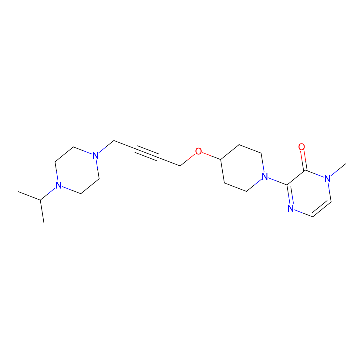 1-Methyl-3-[4-({4-[4-(propan-2-yl)piperazin-1-yl]but-2-yn-1-yl}oxy)piperidin-1-yl]-1,2-dihydropyrazin-2-one molecular structure, CAS 2549043-98-1