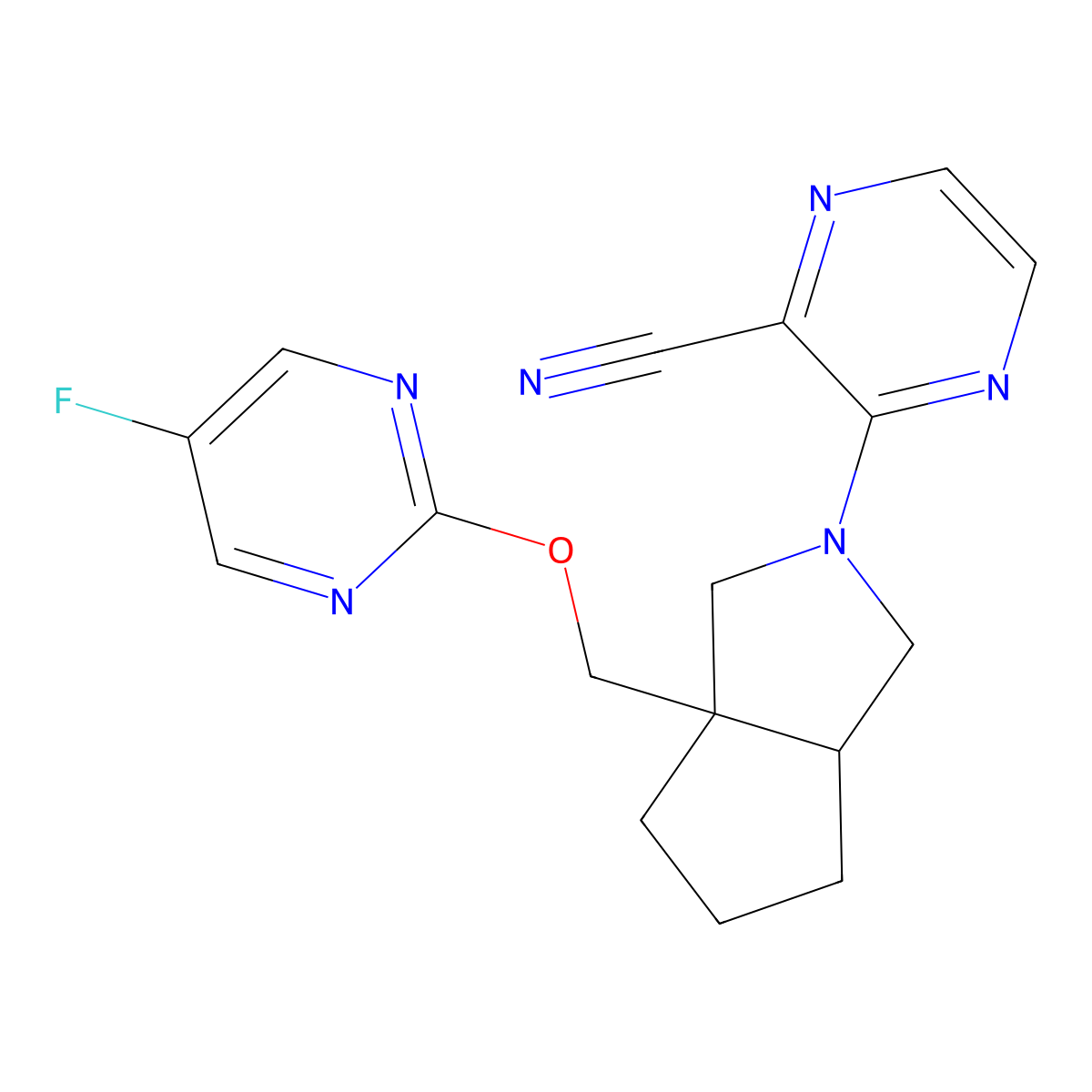 3-(3a-{[(5-Fluoropyrimidin-2-yl)oxy]methyl}-octahydrocyclopenta[c]pyrrol-2-yl)pyrazine-2-carbonitrile molecular structure, CAS 2549044-03-1