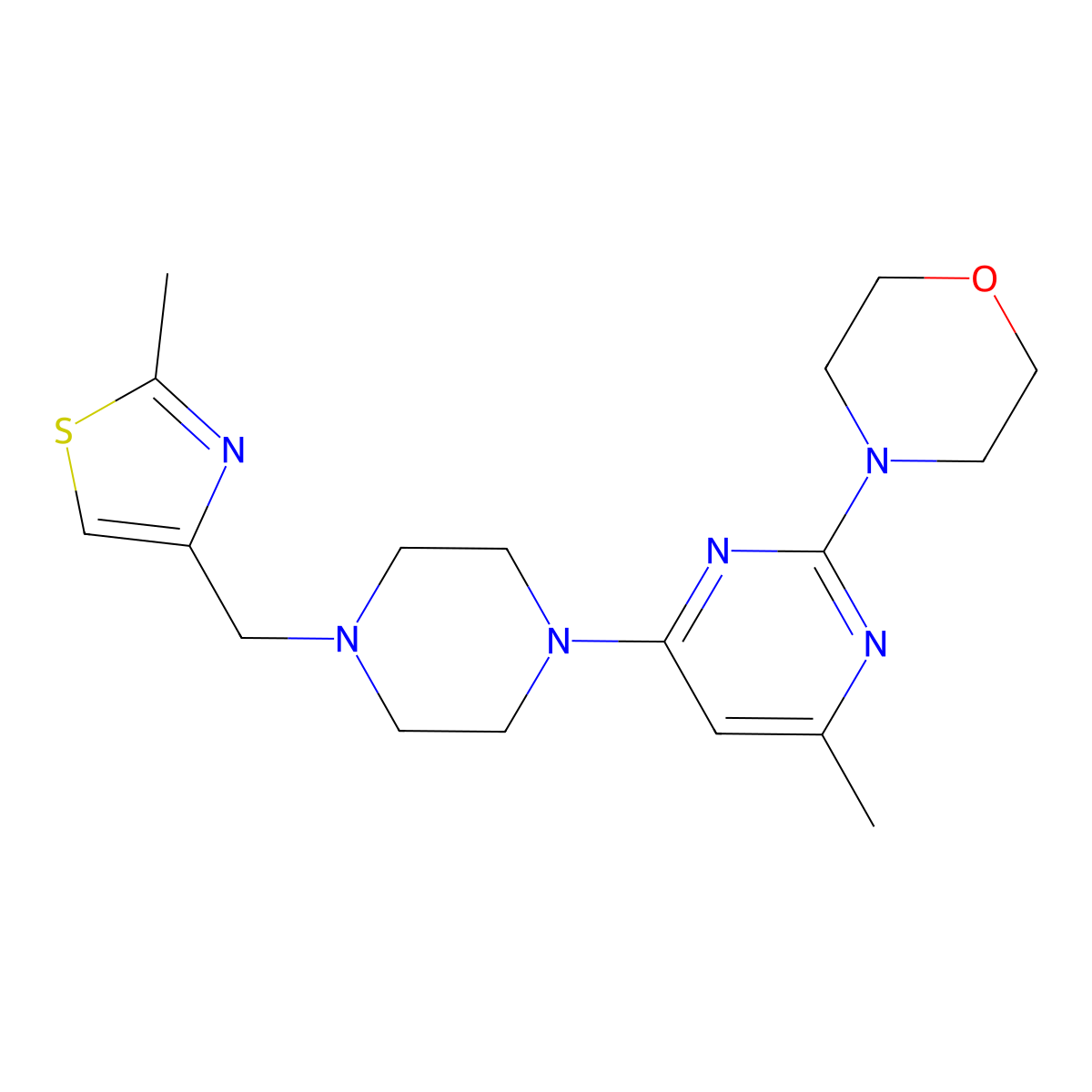 4-(4-Methyl-6-{4-[(2-methyl-1,3-thiazol-4-yl)methyl]piperazin-1-yl}pyrimidin-2-yl)morpholine molecular structure, CAS 2549044-08-6