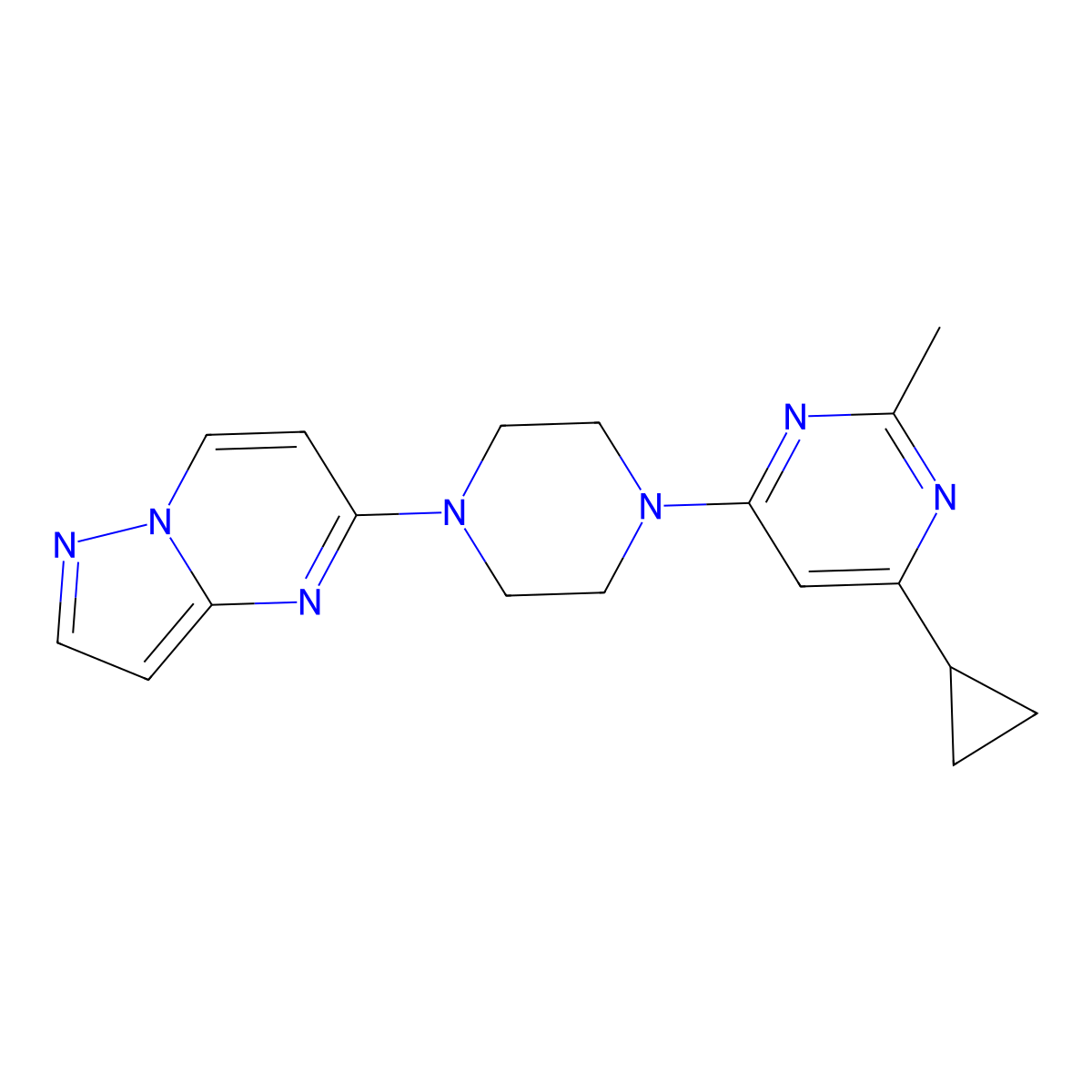 4-Cyclopropyl-2-methyl-6-(4-{pyrazolo[1,5-a]pyrimidin-5-yl}piperazin-1-yl)pyrimidine molecular structure, CAS 2549044-13-3