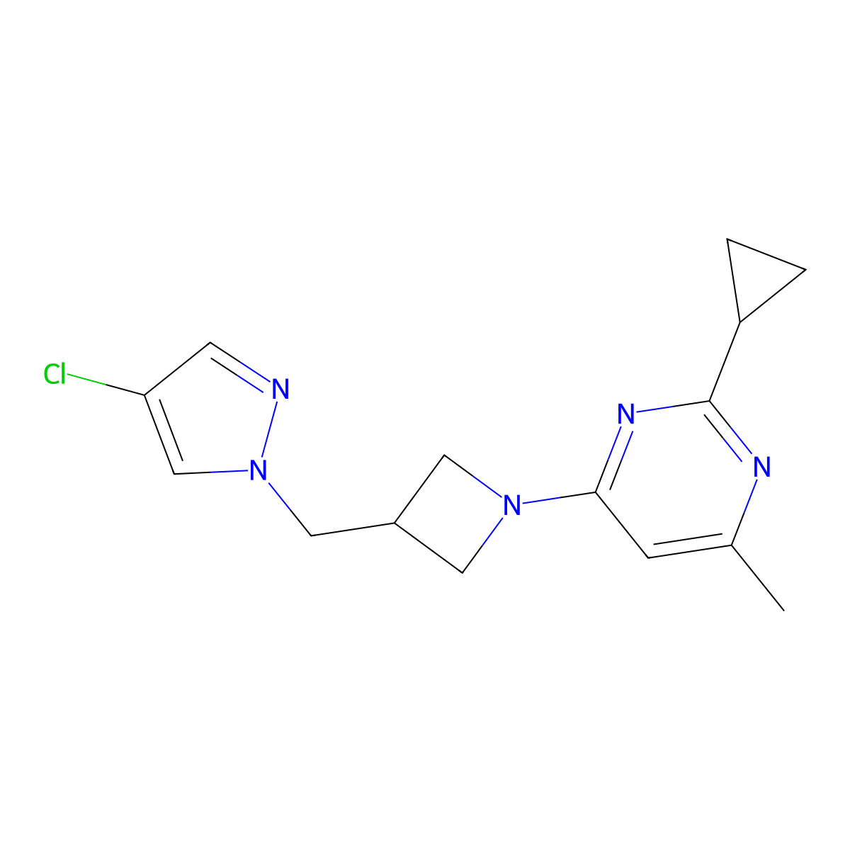 4-{3-[(4-chloro-1H-pyrazol-1-yl)methyl]azetidin-1-yl}-2-cyclopropyl-6-methylpyrimidine molecular structure, CAS 2549044-14-4