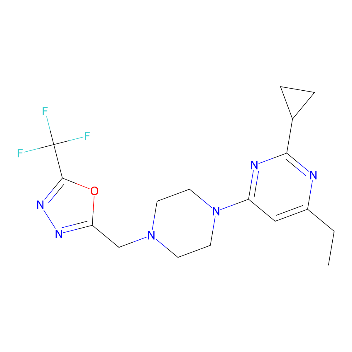 2-Cyclopropyl-4-ethyl-6-(4-{[5-(trifluoromethyl)-1,3,4-oxadiazol-2-yl]methyl}piperazin-1-yl)pyrimidine molecular structure, CAS 2549044-15-5