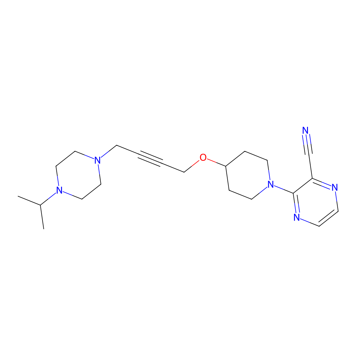3-[4-({4-[4-(Propan-2-yl)piperazin-1-yl]but-2-yn-1-yl}oxy)piperidin-1-yl]pyrazine-2-carbonitrile molecular structure, CAS 2549044-20-2