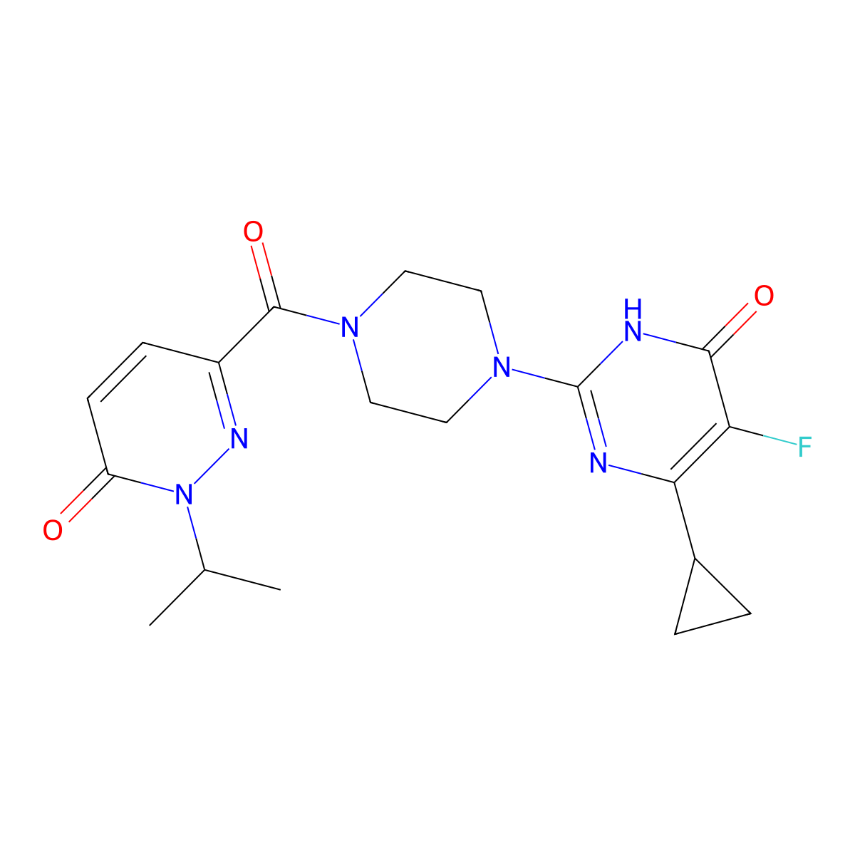 6-Cyclopropyl-5-fluoro-2-{4-[6-oxo-1-(propan-2-yl)-1,6-dihydropyridazine-3-carbonyl]piperazin-1-yl}-3,4-dihydropyrimidin-4-one molecular structure, CAS 2549044-36-0
