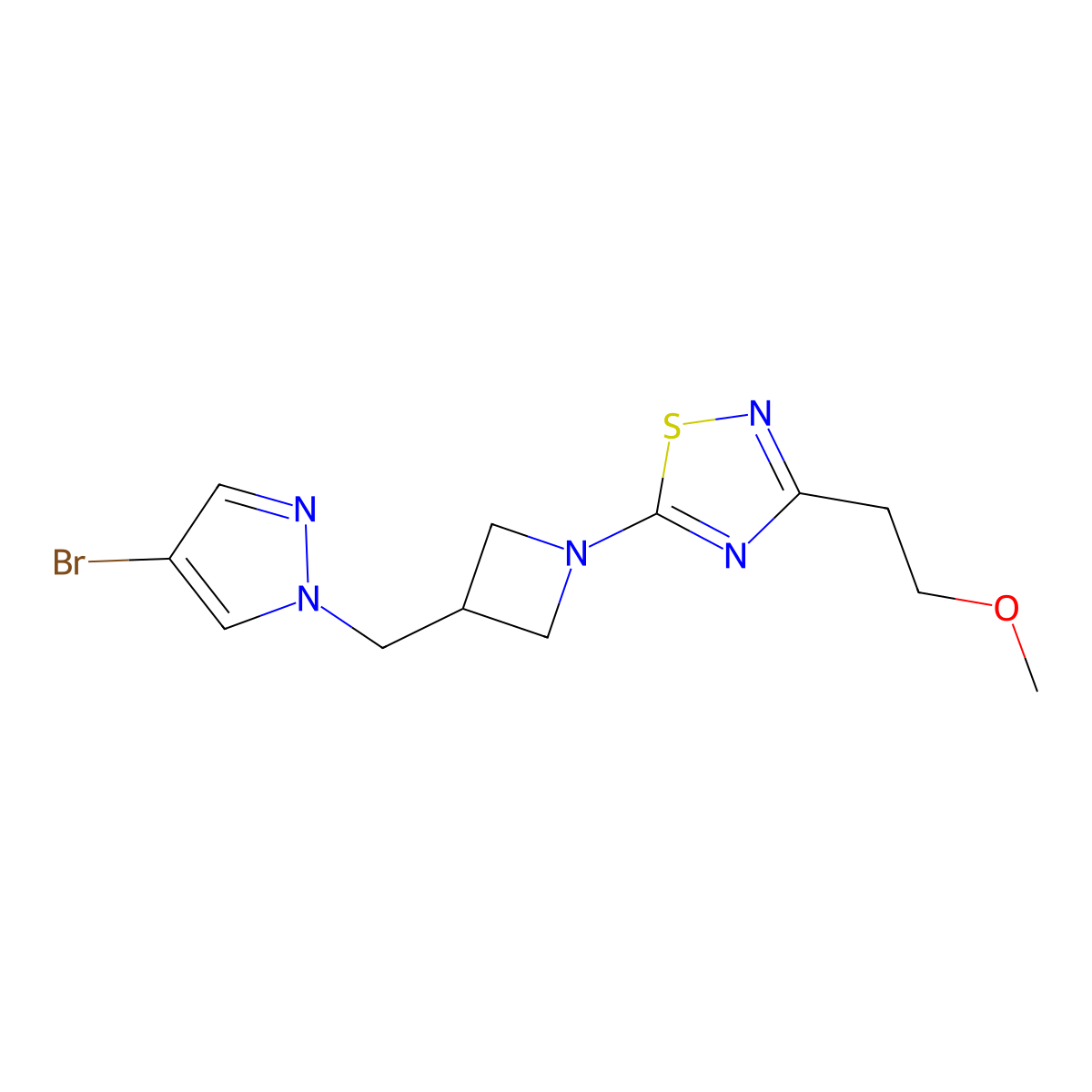 5-{3-[(4-bromo-1H-pyrazol-1-yl)methyl]azetidin-1-yl}-3-(2-methoxyethyl)-1,2,4-thiadiazole molecular structure, CAS 2549044-43-9
