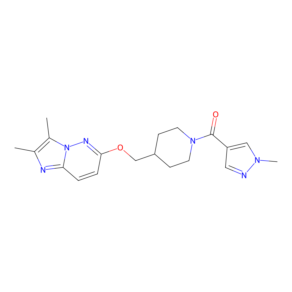 4-[({2,3-dimethylimidazo[1,2-b]pyridazin-6-yl}oxy)methyl]-1-(1-methyl-1H-pyrazole-4-carbonyl)piperidine molecular structure, CAS 2549044-45-1