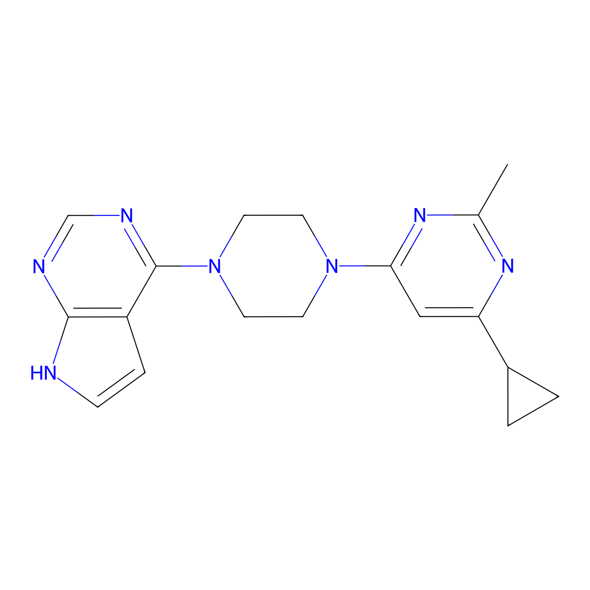 4-cyclopropyl-2-methyl-6-(4-{7H-pyrrolo[2,3-d]pyrimidin-4-yl}piperazin-1-yl)pyrimidine molecular structure, CAS 2549044-50-8