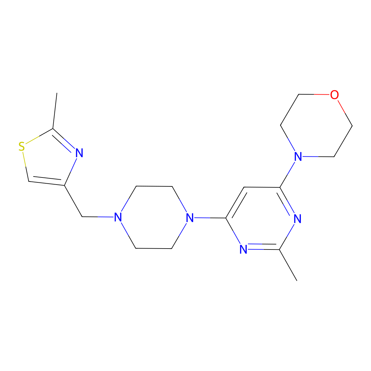 4-(2-Methyl-6-{4-[(2-methyl-1,3-thiazol-4-yl)methyl]piperazin-1-yl}pyrimidin-4-yl)morpholine molecular structure, CAS 2549044-51-9