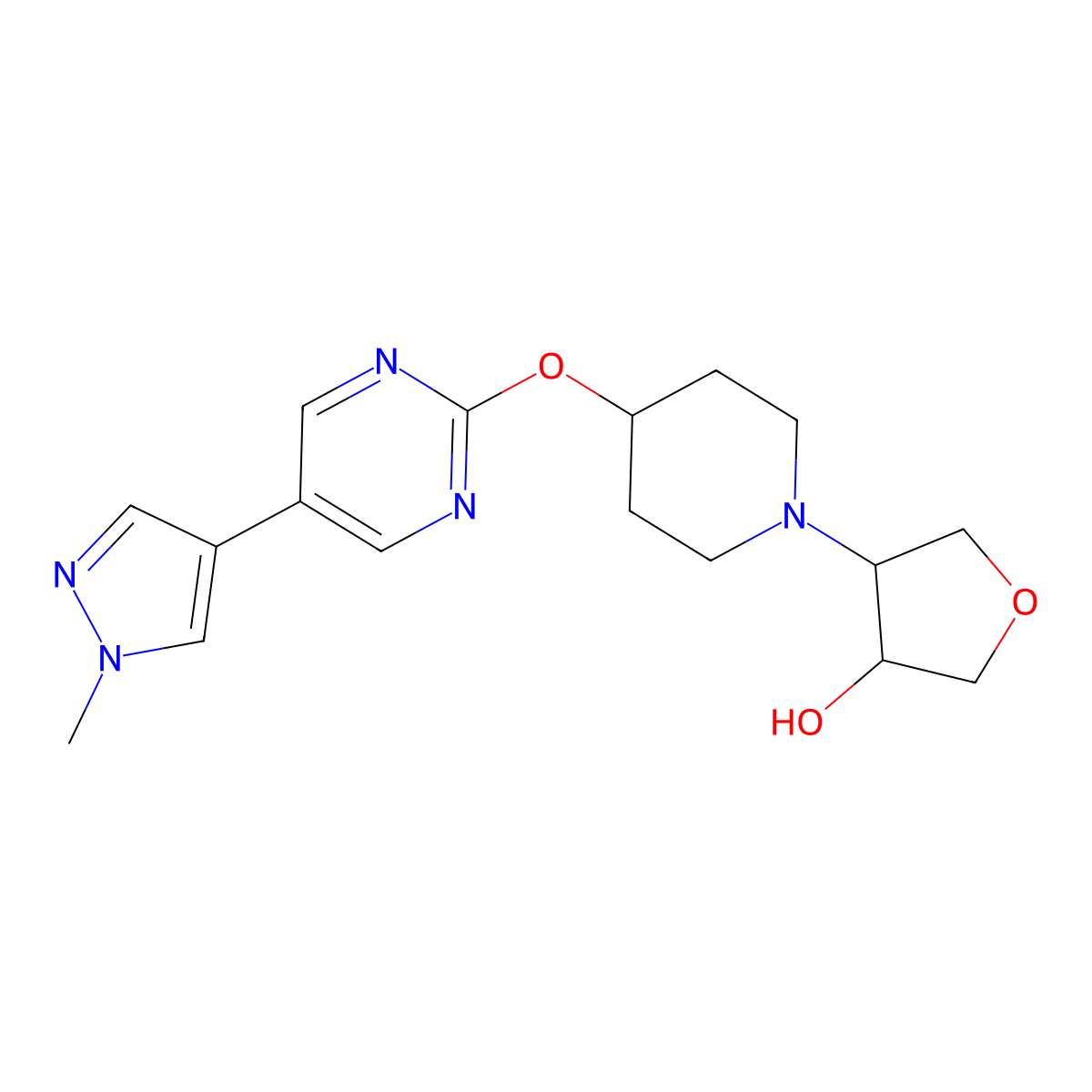 4-(4-{[5-(1-methyl-1H-pyrazol-4-yl)pyrimidin-2-yl]oxy}piperidin-1-yl)oxolan-3-ol molecular structure, CAS 2549044-61-1